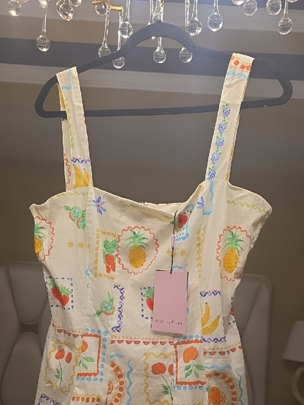 Avec Les Filles White Cotton Fruit-Print Flared Mini Dress Size 14 - Picture 5 of 16